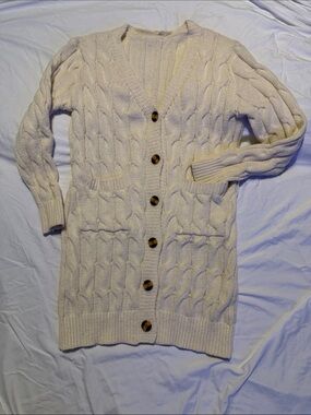 SHEIN Cream Cable Knit Button-Front Long Cardigan